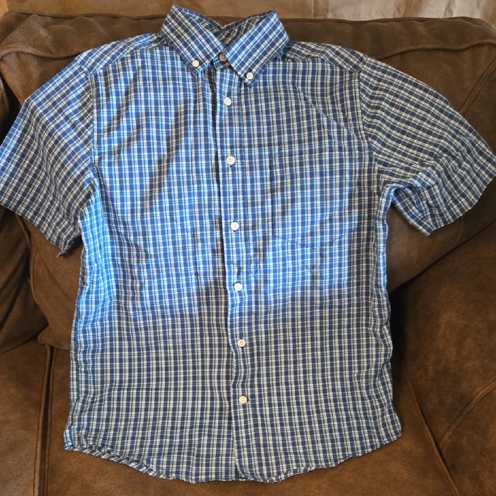 George Blue Plaid Short-Sleeve Button-Down Shirt Size S